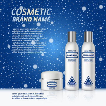 点击来源直接获取大图文件 3d 逼真的化妆品瓶广告模板 冬季背景下雪花的化妆品品牌广告概念设计 模板 3d质感矢量日化商品主图banner模板