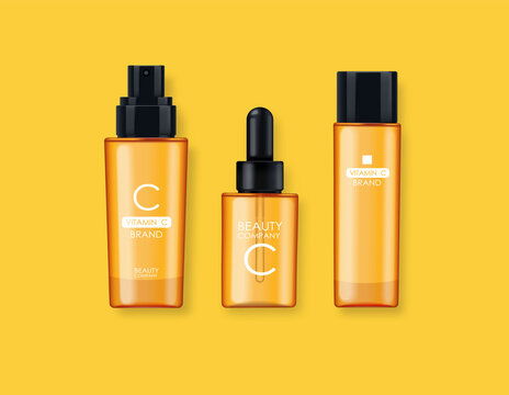 点击来源直接获取大图文件 维生素 c 化妆品 面膜 面霜和精华液套装,美容公司,护肤瓶,逼真的包装模型和新鲜柑橘,治疗精华,美容化妆品,矢量横幅 模板 3d质感矢量日化商品主图banner模板