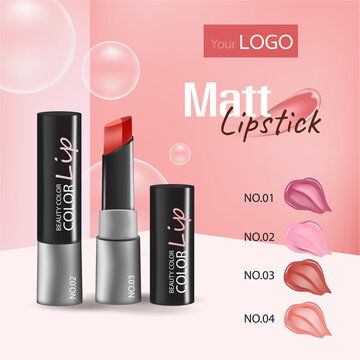 点击来源直接获取大图文件 唇妆优雅横幅设计 具有逼真的 3 种强烈色彩口红套装包装介绍的化妆品信息广告海报向量插图 模板 3d质感矢量日化商品主图banner模板