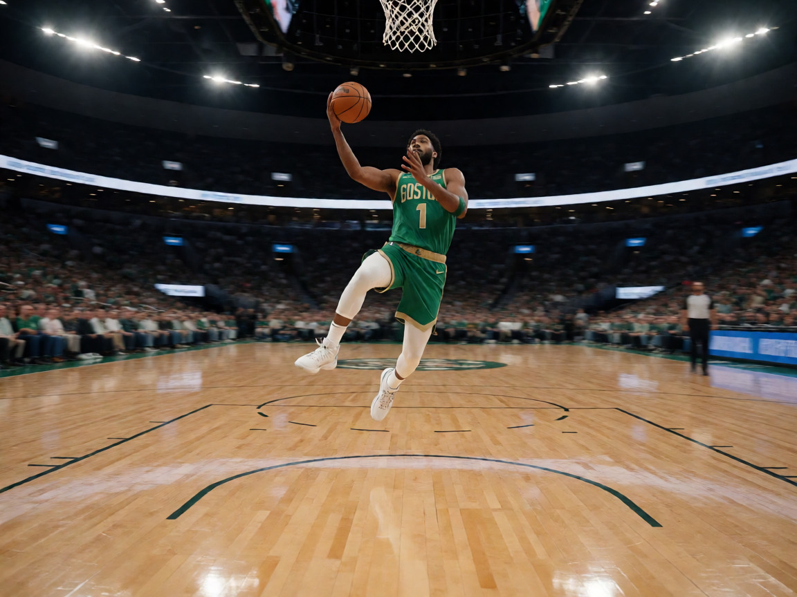 NBA篮球比赛现场，球员突破上篮精彩瞬间